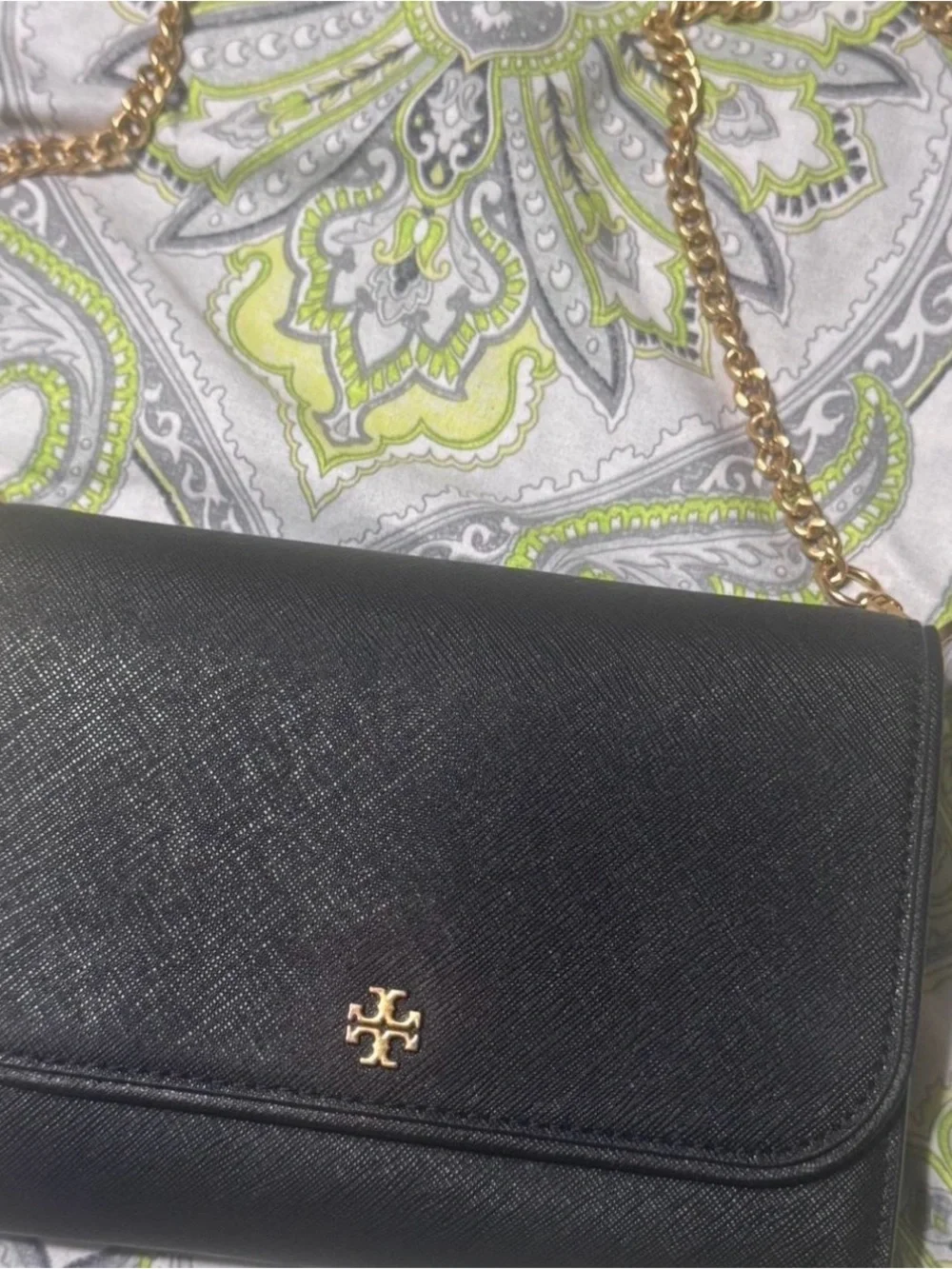Tory Burch Black Saffiano Leather Chain Crossbody with Gold Hardware